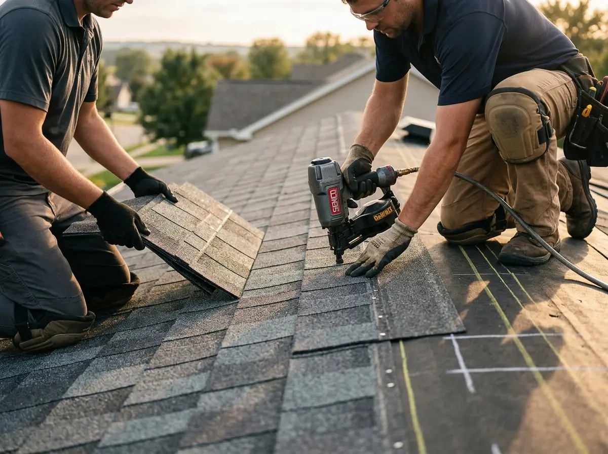 Professional roofer working on a residential roof in Desert Palms